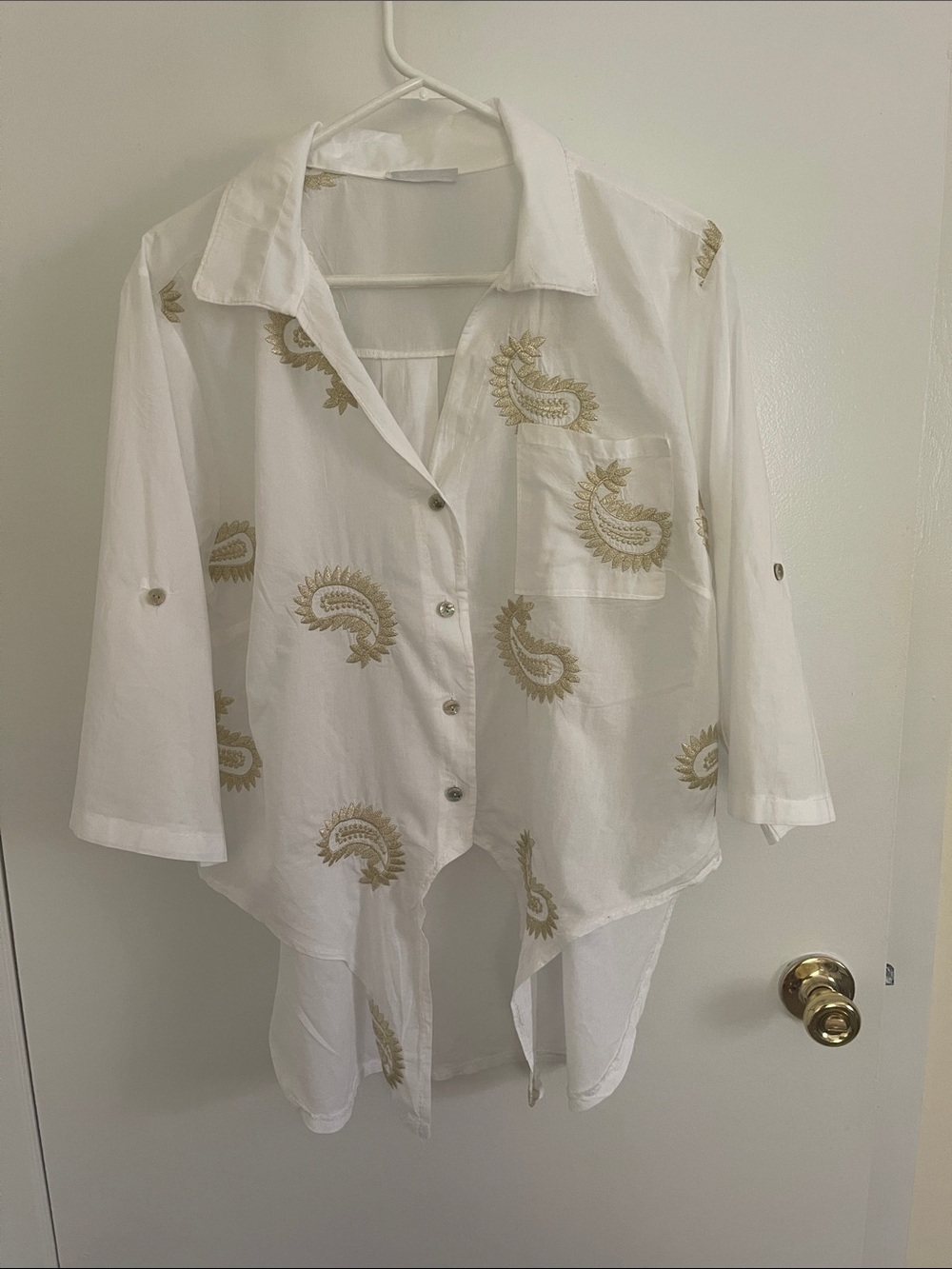 White Button-Front Blouse with Gold Paisley Embroidery